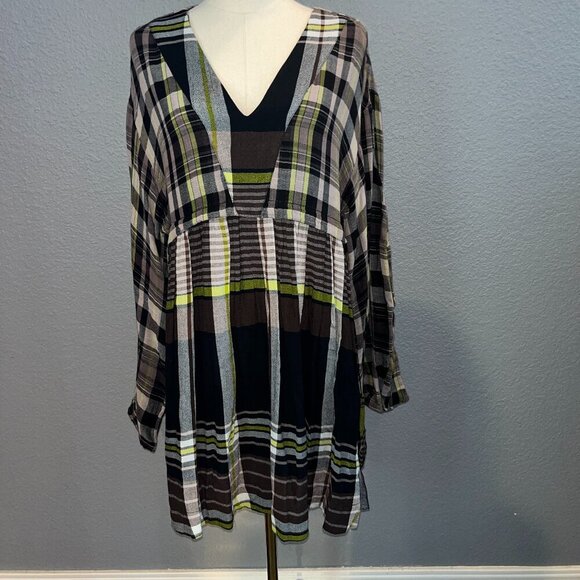 FREE PEOPLE Falling Stars Oversized Babydoll Plaid Mini Dress w/Tie Wrists - XS - Picture 1 of 16
